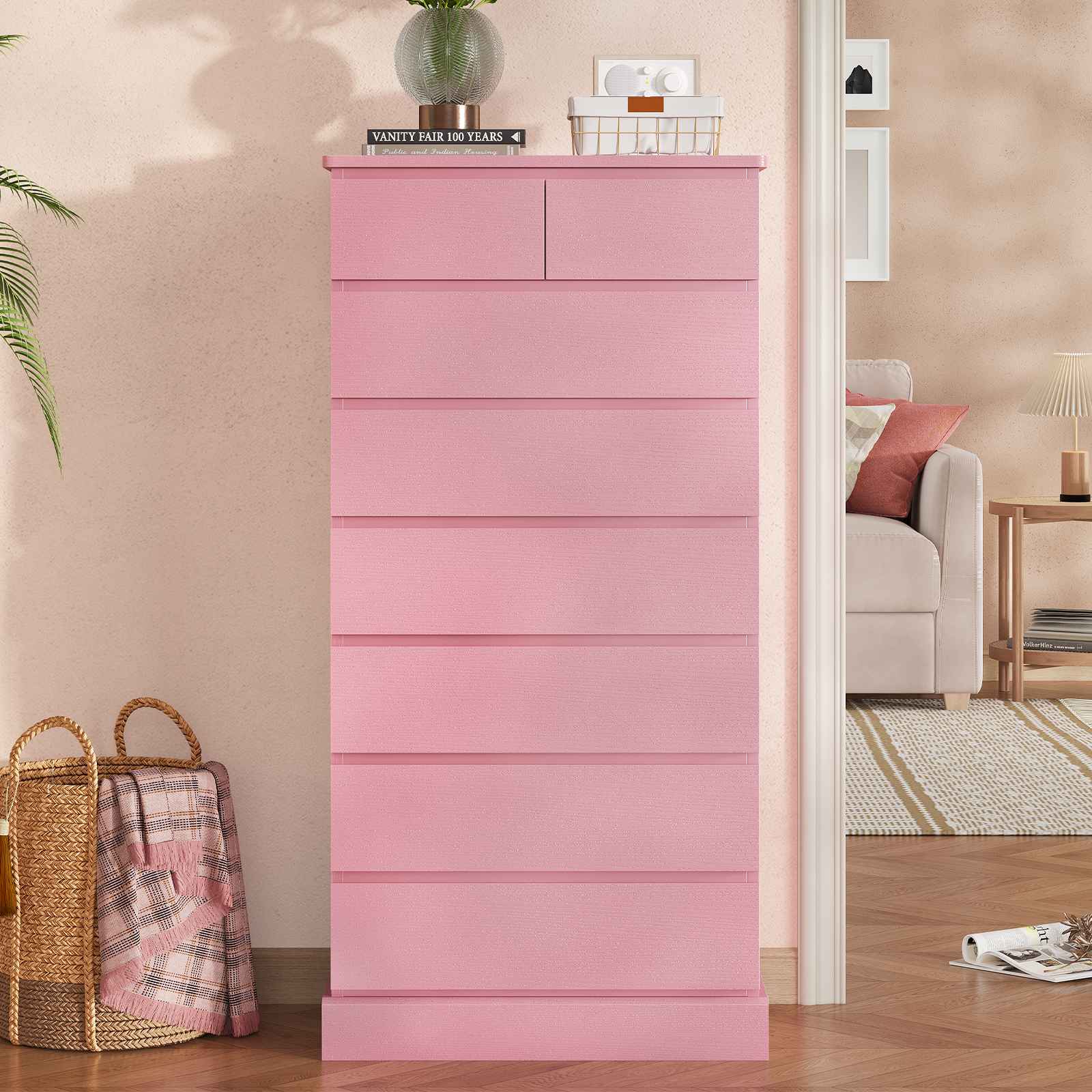 pink tall dresser Tall 8 Drawers Dresser for Bedroom, Modern Chest of Drawers/Clothes Storage Tower with Storage Space, Pink Dresser/Storage Cabinets for Living Room Closet