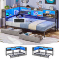 Hasuit | Corner Bed Frame with Storage Bookcase Teenagers Daybed with 2 Underneath Storage Drawers Kids Bed Unit with Charging Station and LED Light Three Sizes Oak Gray