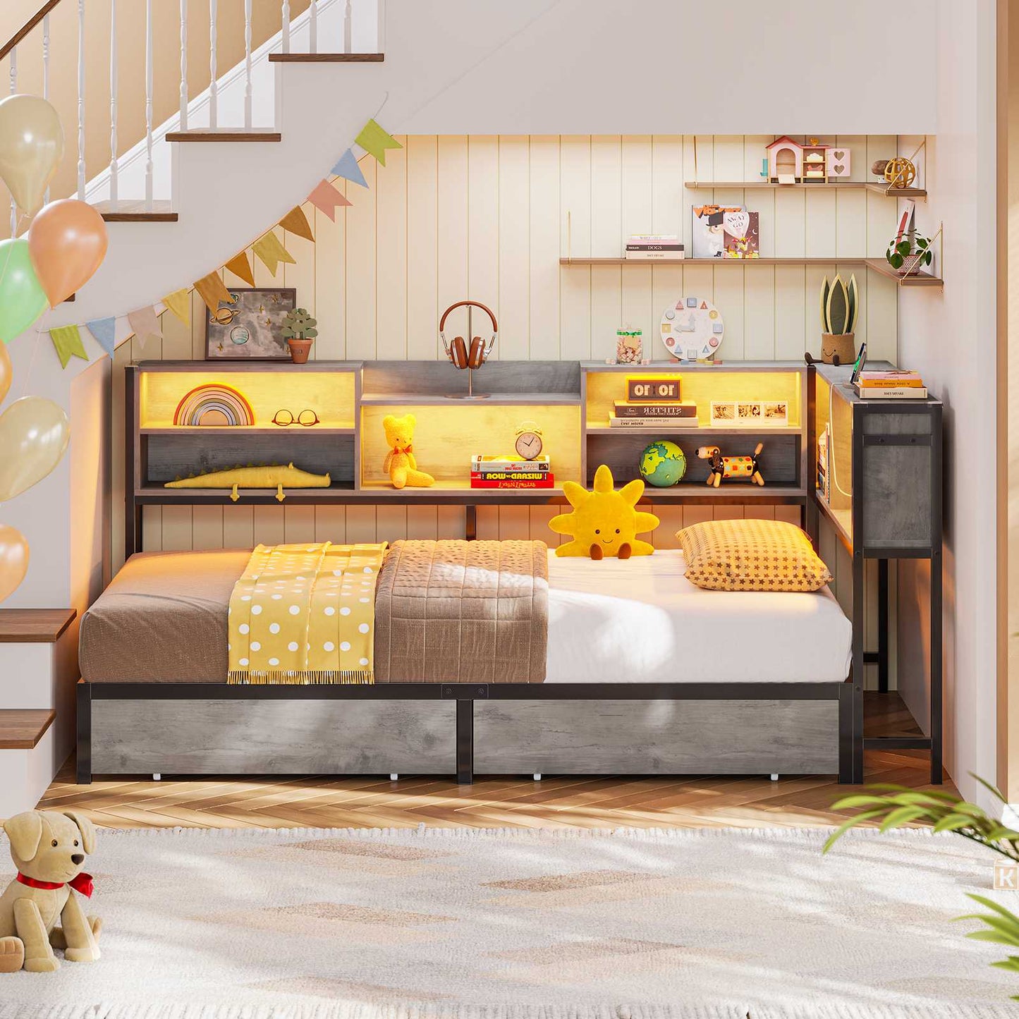 Hasuit | Corner Bed Frame with Storage Bookcase Teenagers Daybed with 2 Underneath Storage Drawers Kids Bed Unit with Charging Station and LED Light Three Sizes Oak Gray