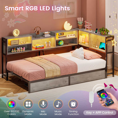 Hasuit | Corner Bed Frame with Storage Bookcase Teenagers Daybed with 2 Underneath Storage Drawers Kids Bed Unit with Charging Station and LED Light Three Sizes Oak Gray