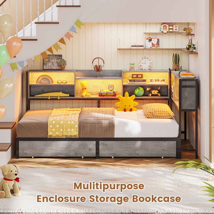 Hasuit | Corner Bed Frame with Storage Bookcase Teenagers Daybed with 2 Underneath Storage Drawers Kids Bed Unit with Charging Station and LED Light Three Sizes Oak Gray