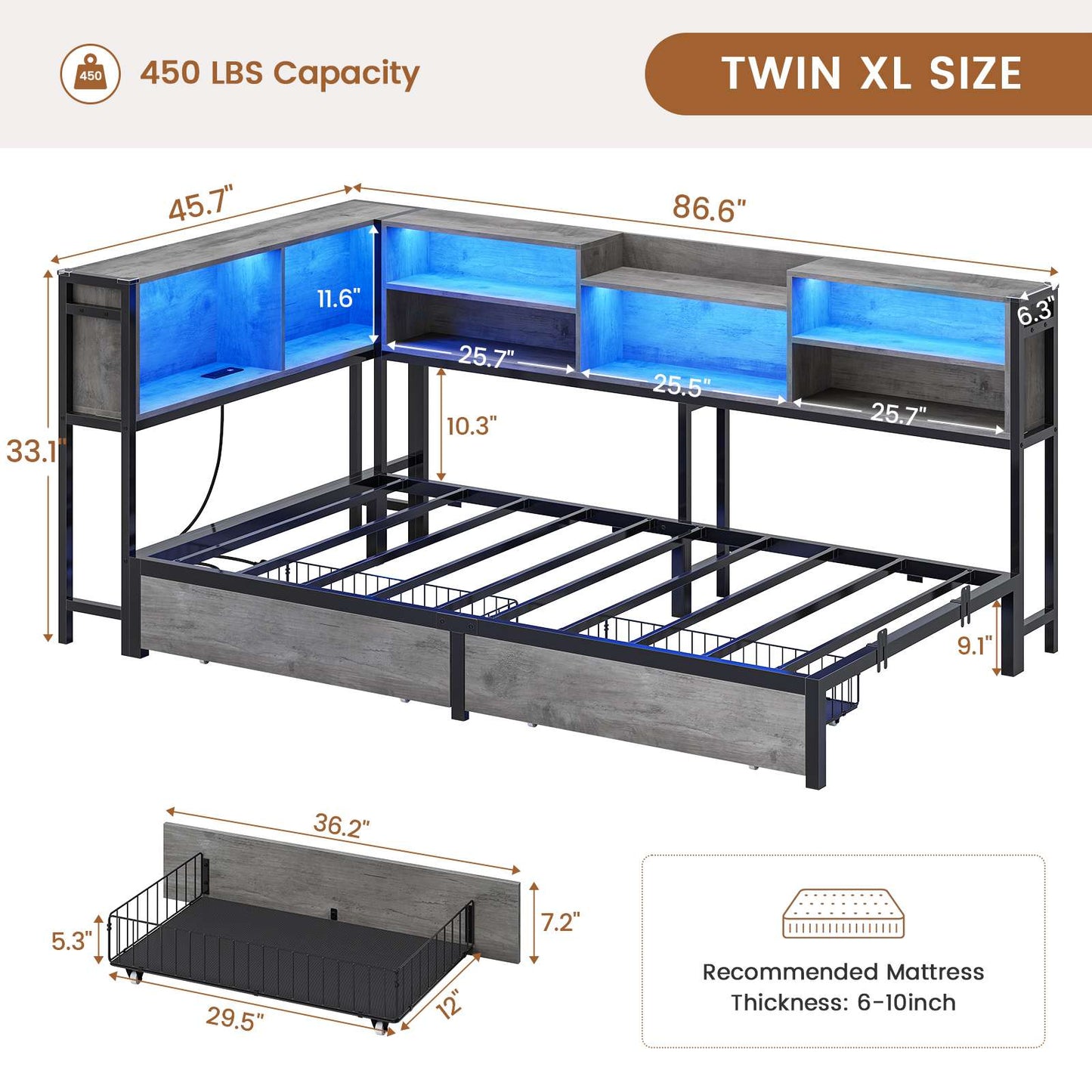 Hasuit | Corner Bed Frame with Storage Bookcase Teenagers Daybed with 2 Underneath Storage Drawers Kids Bed Unit with Charging Station and LED Light Three Sizes Oak Gray