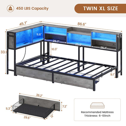 Hasuit | Corner Bed Frame with Storage Bookcase Teenagers Daybed with 2 Underneath Storage Drawers Kids Bed Unit with Charging Station and LED Light Three Sizes Oak Gray