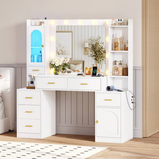 Hasuit | 49.8 Inch Vanity Desk with Mirror and LED Lights Large Makeup Desk with 7 Drawers Storage Shelves and Charging Station White