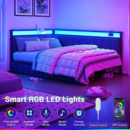 Hasuit | Corner Bed Frame with Storage Drawers Daybed with Line Fabric Upholstered Fence Kids Bed with LED Light and Charging Station Gray Three Sizes