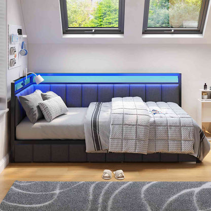 Hasuit | Corner Bed Frame with Storage Drawers Daybed with Line Fabric Upholstered Fence Kids Bed with LED Light and Charging Station Gray Three Sizes