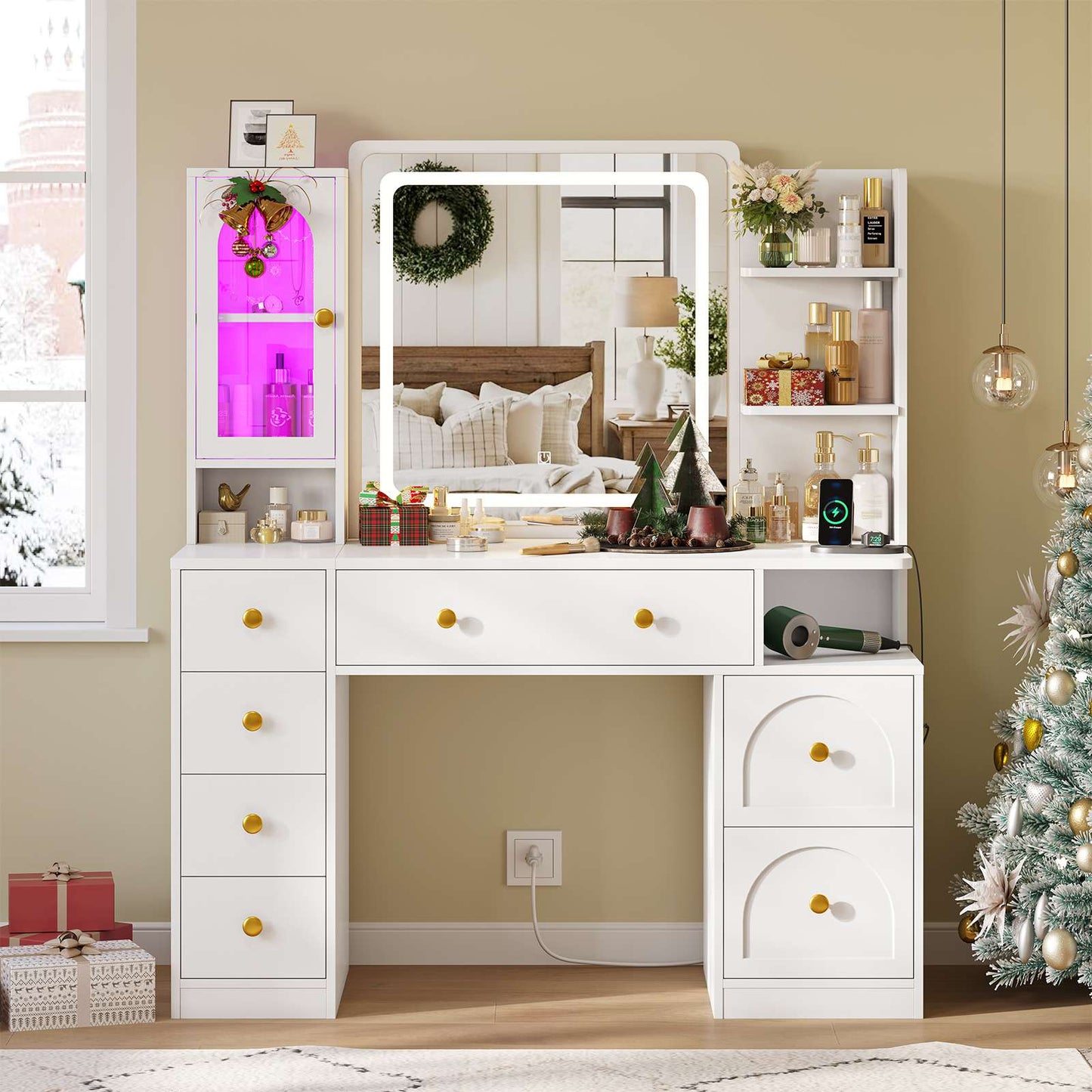 Hasuit | 43.3 Inch Vanity Desk with Mirror and LED Lights Large Makeup Desk with 7 Drawers Storage Shelves and Charging Station White