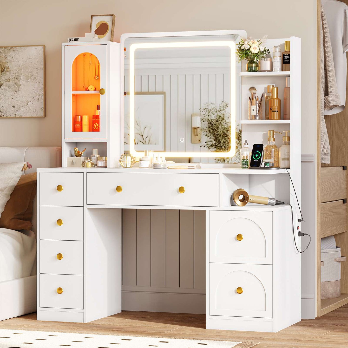 Hasuit | 43.3 Inch Vanity Desk with Mirror and LED Lights Large Makeup Desk with 7 Drawers Storage Shelves and Charging Station White