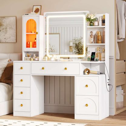 Hasuit | 43.3 Inch Vanity Desk with Mirror and LED Lights Large Makeup Desk with 7 Drawers Storage Shelves and Charging Station White
