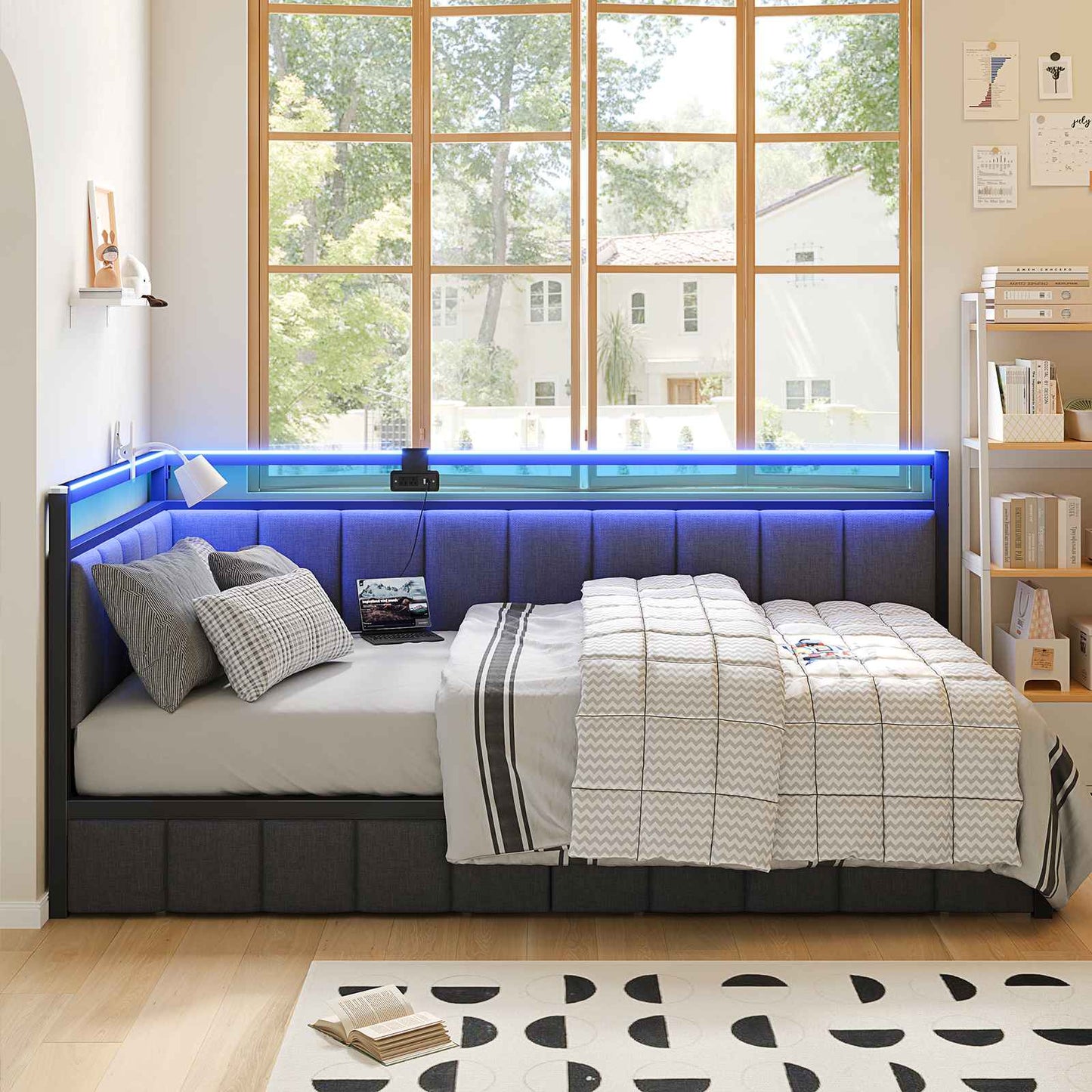 Hasuit | Corner Bed Frame with Storage Drawers Daybed with Line Fabric Upholstered Fence Kids Bed with LED Light and Charging Station Gray Three Sizes