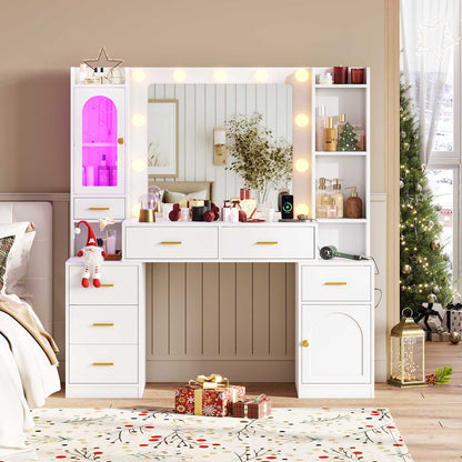 Hasuit | 49.8 Inch Vanity Desk with Mirror and LED Lights Large Makeup Desk with 7 Drawers Storage Shelves and Charging Station White