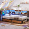 Hasuit | Corner Bed Frame with Storage Bookcase Teenagers Daybed with 2 Underneath Storage Drawers Kids Bed Unit with Charging Station and LED Light Twin Size Rustic Brown