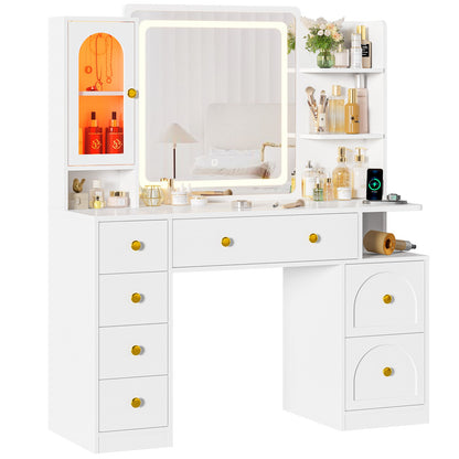 Hasuit | 43.3 Inch Vanity Desk with Mirror and LED Lights Large Makeup Desk with 7 Drawers Storage Shelves and Charging Station White