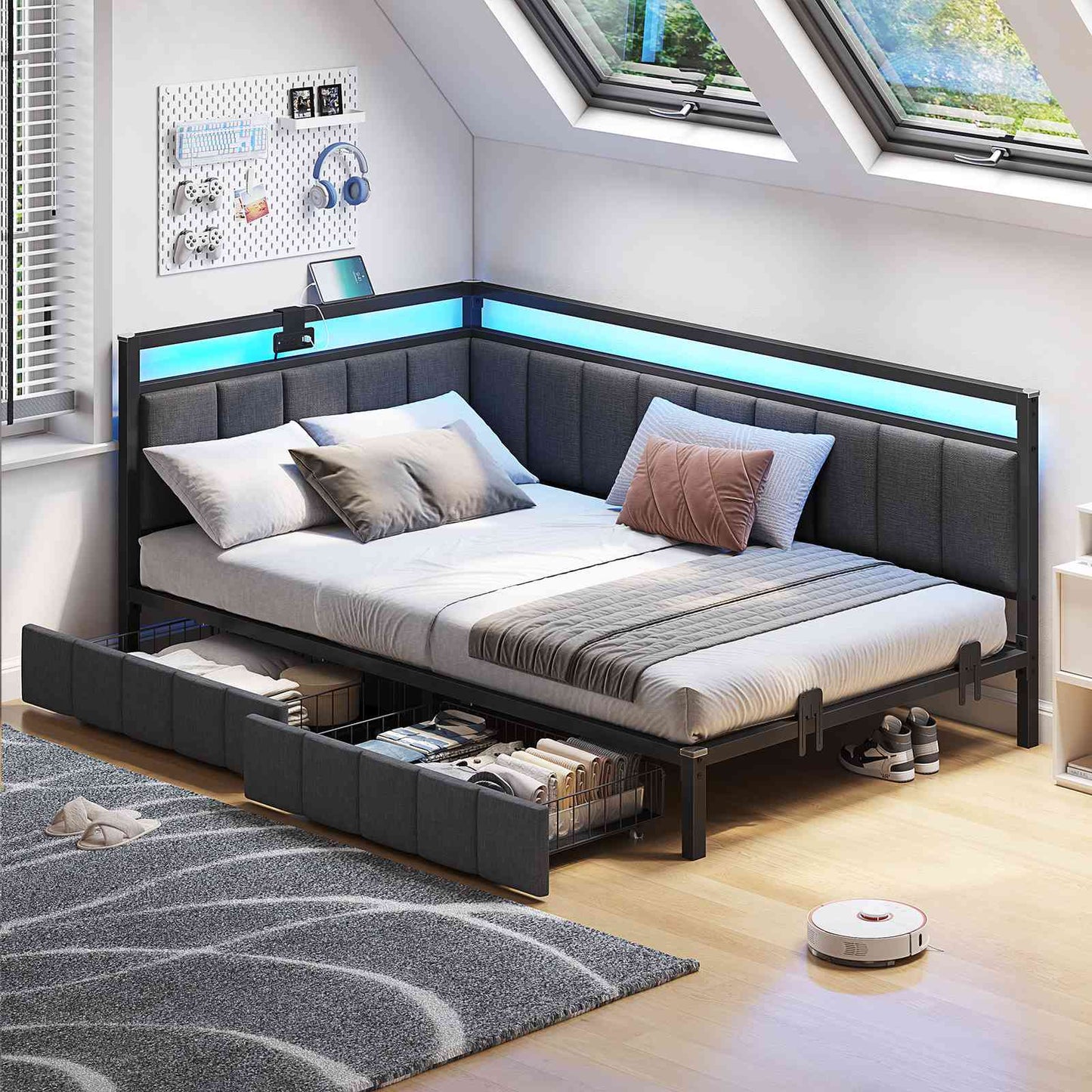 Hasuit | Corner Bed Frame with Storage Drawers Daybed with Line Fabric Upholstered Fence Kids Bed with LED Light and Charging Station Gray Three Sizes