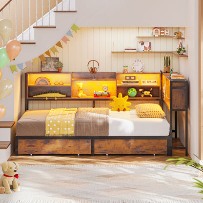 Hasuit | Corner Bed Frame with Storage Bookcase Teenagers Daybed with 2 Underneath Storage Drawers Kids Bed Unit with Charging Station and LED Light Twin Size Rustic Brown