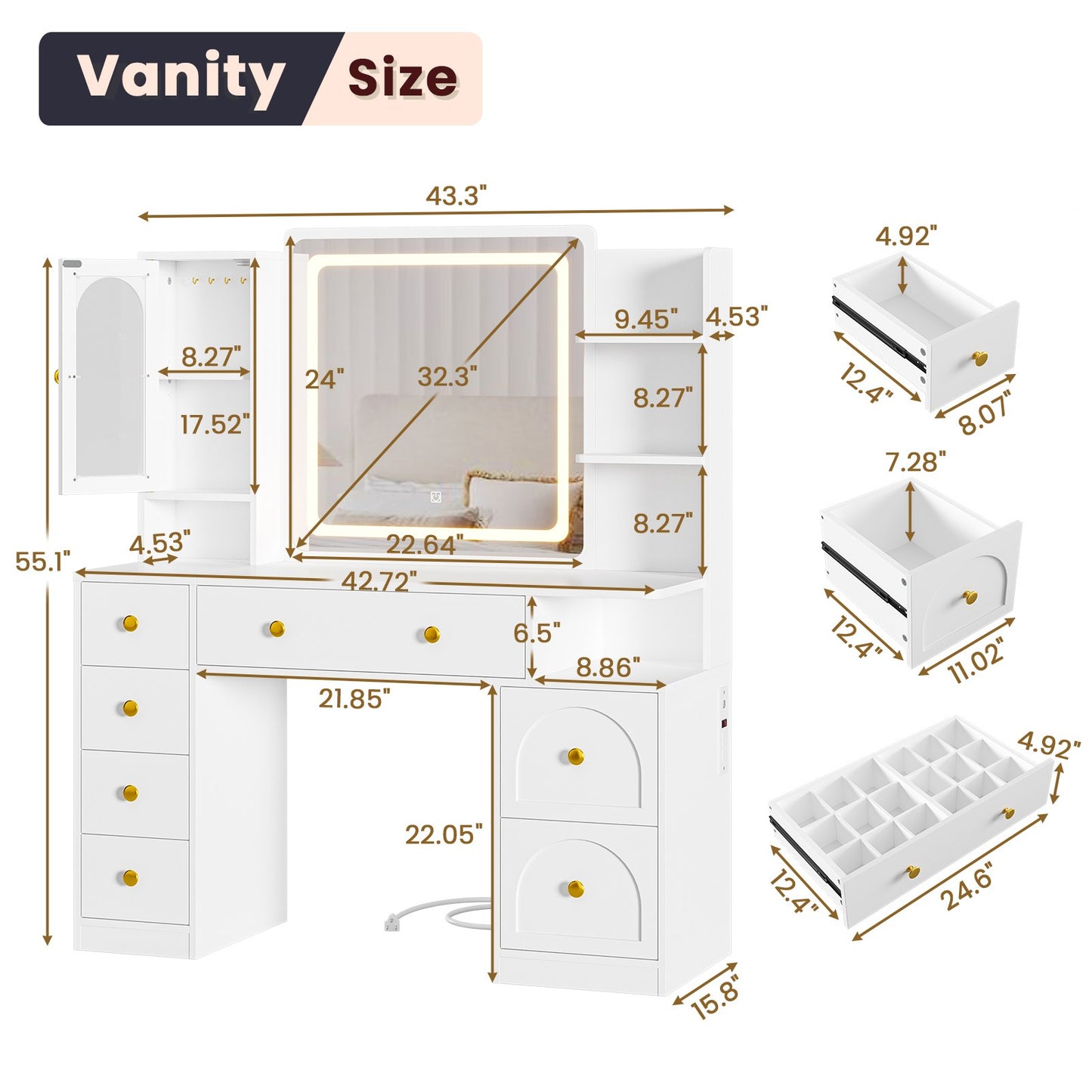 Hasuit | 43.3 Inch Vanity Desk with Mirror and LED Lights Large Makeup Desk with 7 Drawers Storage Shelves and Charging Station White