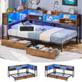 Hasuit | Corner Bed Frame with Storage Bookcase Teenagers Daybed with 2 Underneath Storage Drawers Kids Bed Unit with Charging Station and LED Light Twin Size Rustic Brown
