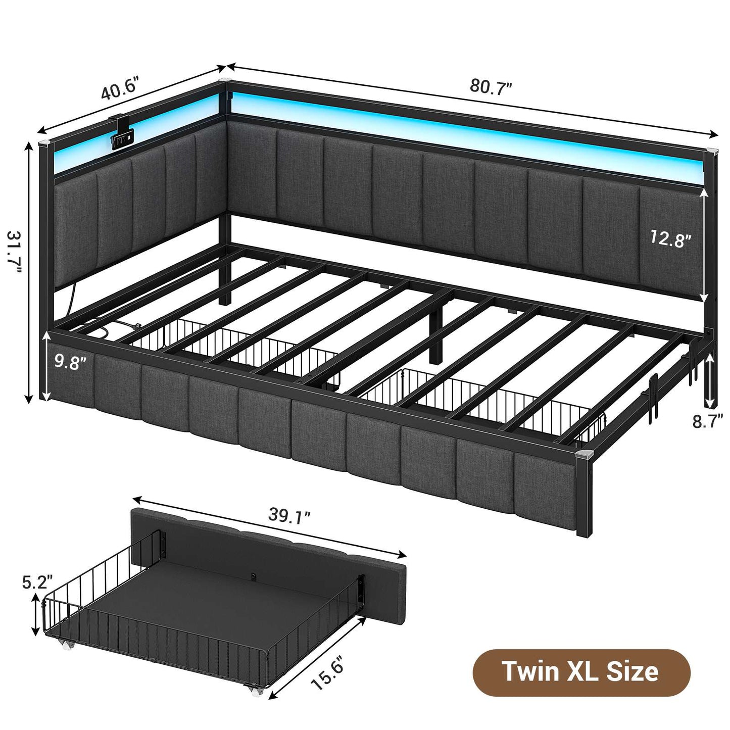 Hasuit | Corner Bed Frame with Storage Drawers Daybed with Line Fabric Upholstered Fence Kids Bed with LED Light and Charging Station Gray Three Sizes
