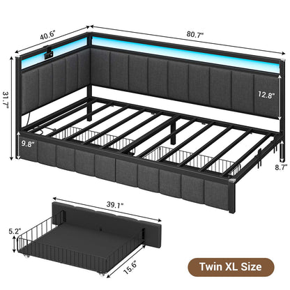 Hasuit | Corner Bed Frame with Storage Drawers Daybed with Line Fabric Upholstered Fence Kids Bed with LED Light and Charging Station Gray Three Sizes