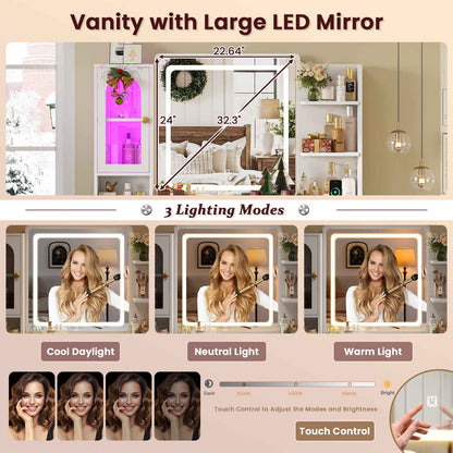 Hasuit | 43.3 Inch Vanity Desk with Mirror and LED Lights Large Makeup Desk with 7 Drawers Storage Shelves and Charging Station White