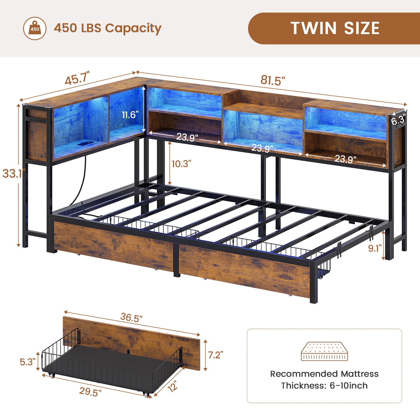Hasuit | Corner Bed Frame with Storage Bookcase Teenagers Daybed with 2 Underneath Storage Drawers Kids Bed Unit with Charging Station and LED Light Twin Size Rustic Brown