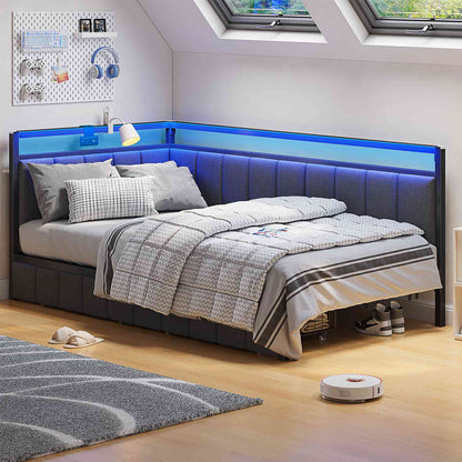 Hasuit | Corner Bed Frame with Storage Drawers Daybed with Line Fabric Upholstered Fence Kids Bed with LED Light and Charging Station Gray Three Sizes