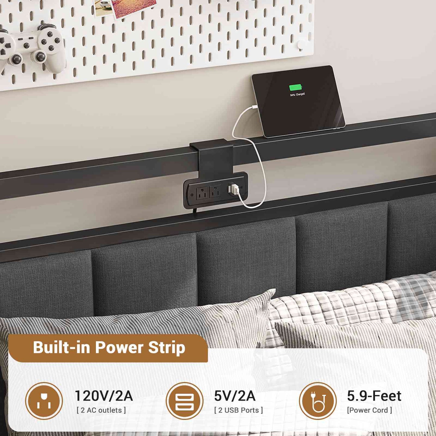 Hasuit | Corner Bed Frame with Storage Drawers Daybed with Line Fabric Upholstered Fence Kids Bed with LED Light and Charging Station Gray Three Sizes
