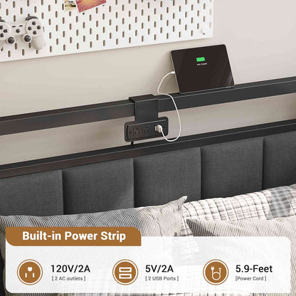 Hasuit | Corner Bed Frame with Storage Drawers Daybed with Line Fabric Upholstered Fence Kids Bed with LED Light and Charging Station Gray Three Sizes