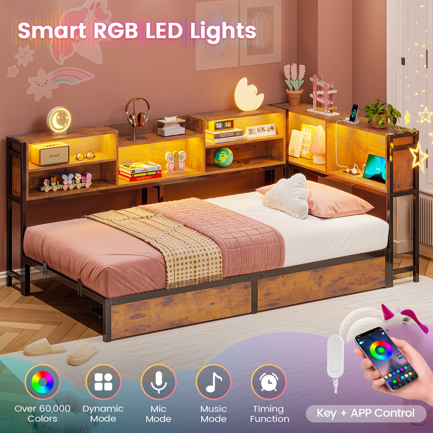 Hasuit | Corner Bed Frame with Storage Bookcase Teenagers Daybed with 2 Underneath Storage Drawers Kids Bed Unit with Charging Station and LED Light Twin Size Rustic Brown