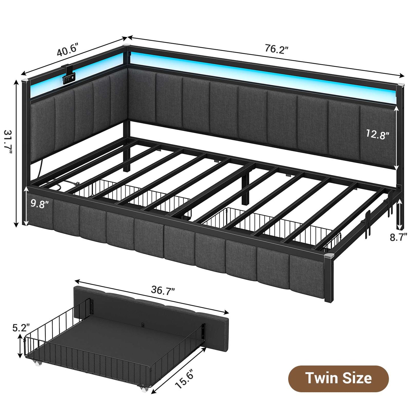 Hasuit | Corner Bed Frame with Storage Drawers Daybed with Line Fabric Upholstered Fence Kids Bed with LED Light and Charging Station Gray Three Sizes