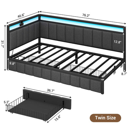 Hasuit | Corner Bed Frame with Storage Drawers Daybed with Line Fabric Upholstered Fence Kids Bed with LED Light and Charging Station Gray Three Sizes