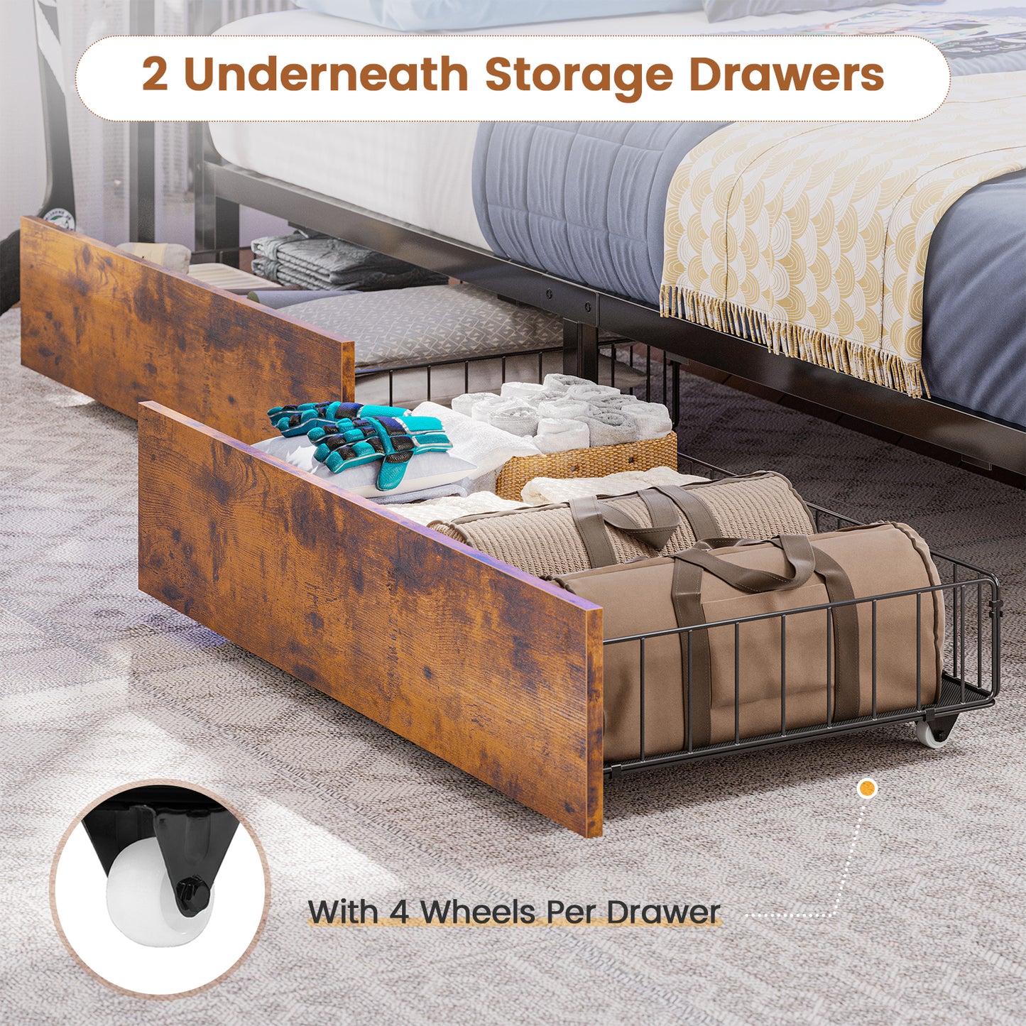 Hasuit | Corner Bed Frame with Storage Bookcase Teenagers Daybed with 2 Underneath Storage Drawers Kids Bed Unit with Charging Station and LED Light Twin Size Rustic Brown