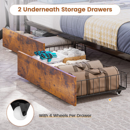 Hasuit | Corner Bed Frame with Storage Bookcase Teenagers Daybed with 2 Underneath Storage Drawers Kids Bed Unit with Charging Station and LED Light Twin Size Rustic Brown