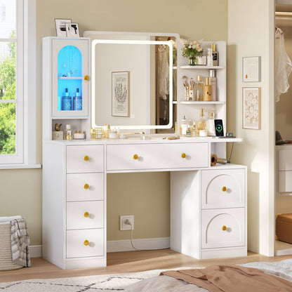 Hasuit | 43.3 Inch Vanity Desk with Mirror and LED Lights Large Makeup Desk with 7 Drawers Storage Shelves and Charging Station White