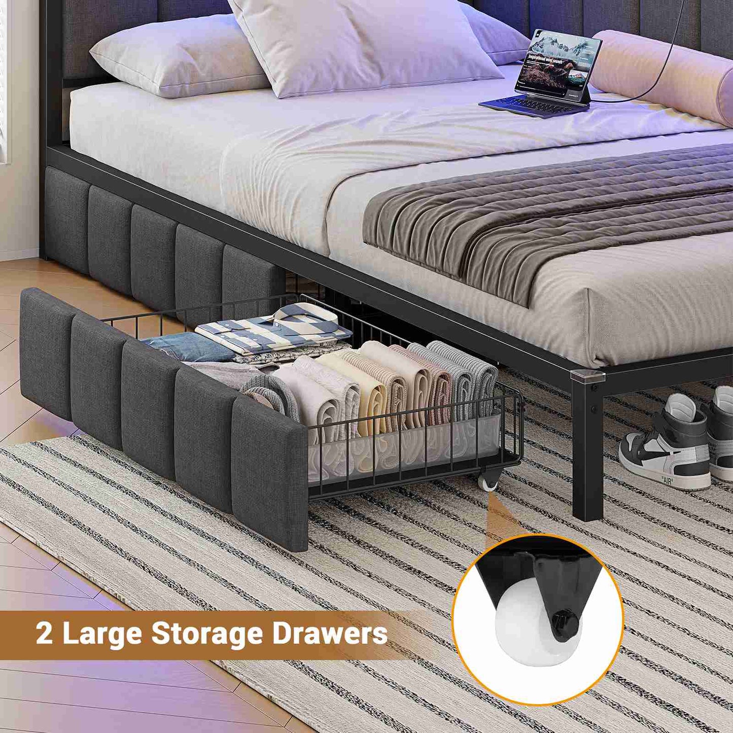 Hasuit | Corner Bed Frame with Storage Drawers Daybed with Line Fabric Upholstered Fence Kids Bed with LED Light and Charging Station Gray Three Sizes