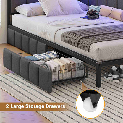 Hasuit | Corner Bed Frame with Storage Drawers Daybed with Line Fabric Upholstered Fence Kids Bed with LED Light and Charging Station Gray Three Sizes