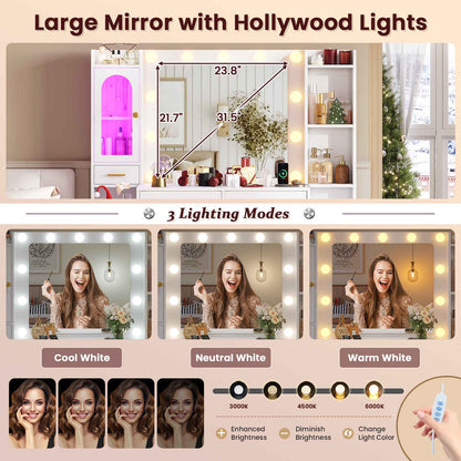 Hasuit | 49.8 Inch Vanity Desk with Mirror and LED Lights Large Makeup Desk with 7 Drawers Storage Shelves and Charging Station White