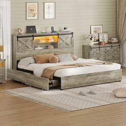 Hasuit | Farmhouse Bed Frame with 4 Storage Drawers Wooden Platform Rustic Beds with Charging Station and LED Lights Rustic Oak