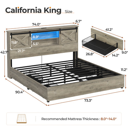 Hasuit | Farmhouse Bed Frame with 4 Storage Drawers Wooden Platform Rustic Beds with Charging Station and LED Lights Rustic Oak