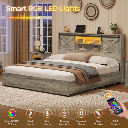 Hasuit | Farmhouse Bed Frame with 4 Storage Drawers Wooden Platform Rustic Beds with Charging Station and LED Lights Rustic Oak
