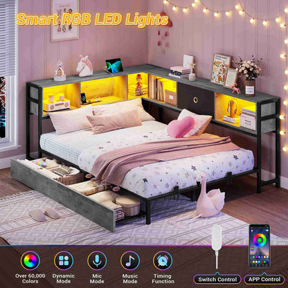 Hasuit | Corner Bed Frame with Storage Drawers and Bookcase Headboard Metal Platform Day Bed with Charging Station and LED Lights Oak Gray Three Sizes