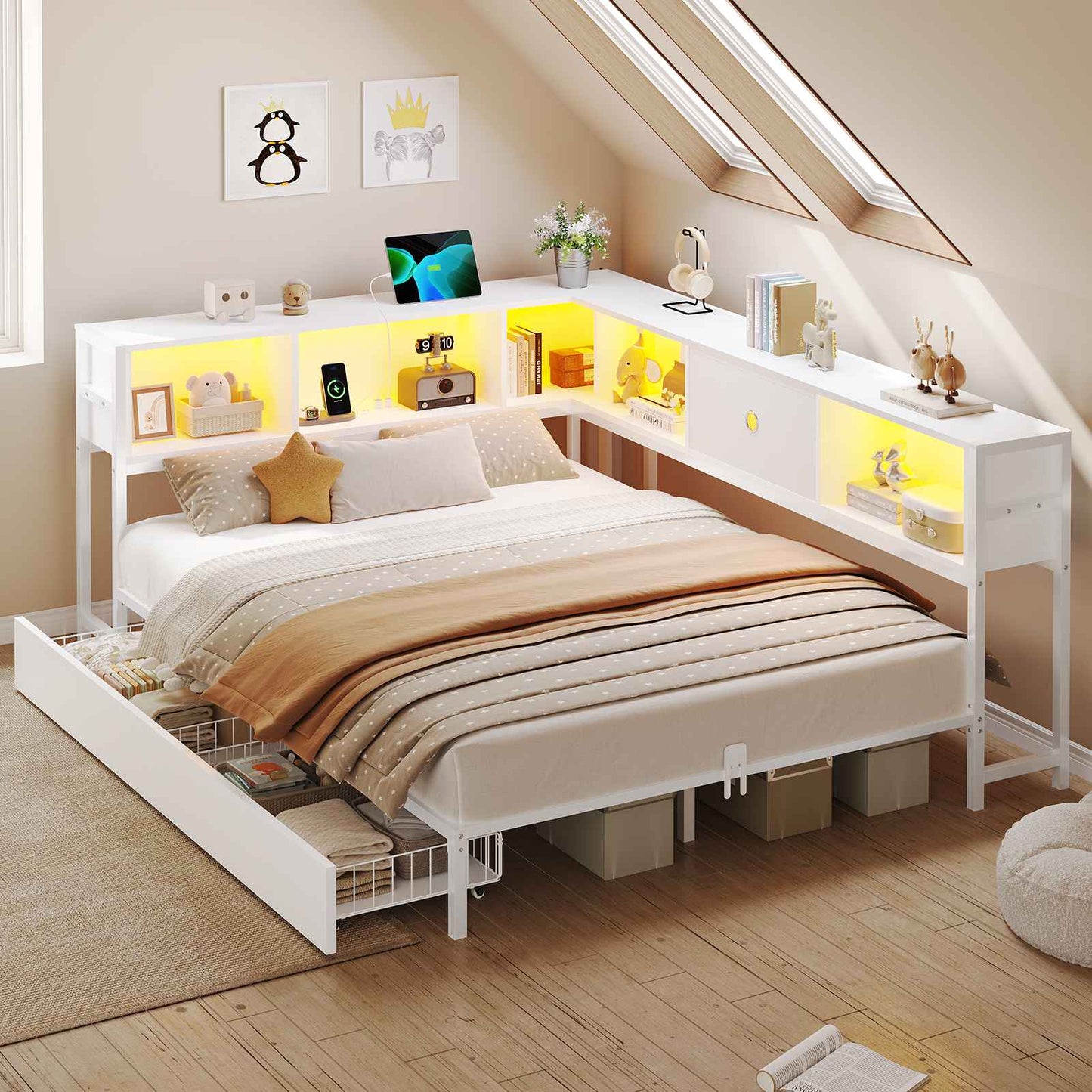 Hasuit | Corner Bed Frame with Storage Drawers and Bookcase Headboard Metal Platform Day Bed with Charging Station and LED Lights White
