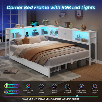 Hasuit | Corner Bed Frame with Storage Drawers and Bookcase Headboard Metal Platform Day Bed with Charging Station and LED Lights White Two Sizes