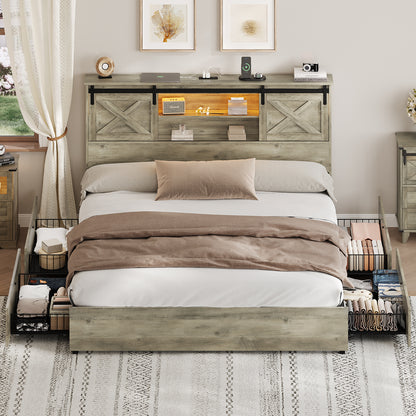 Hasuit | Farmhouse Bed Frame with 4 Storage Drawers Wooden Platform Rustic Beds with Charging Station and LED Lights Rustic Oak