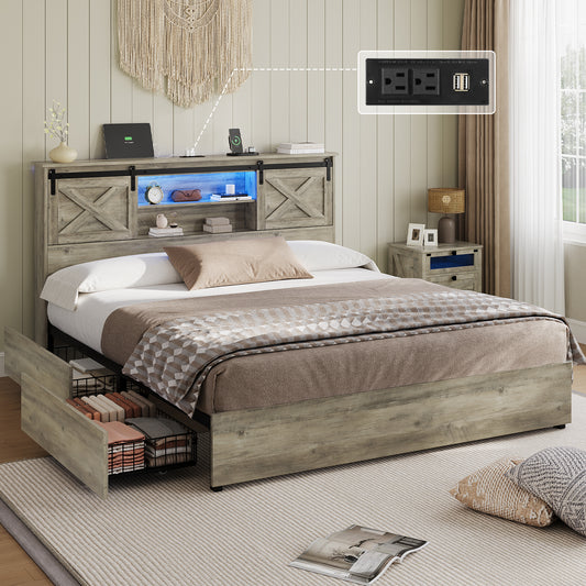 Hasuit | Farmhouse Bed Frame with 4 Storage Drawers Wooden Platform Rustic Beds with Charging Station and LED Lights Rustic Oak