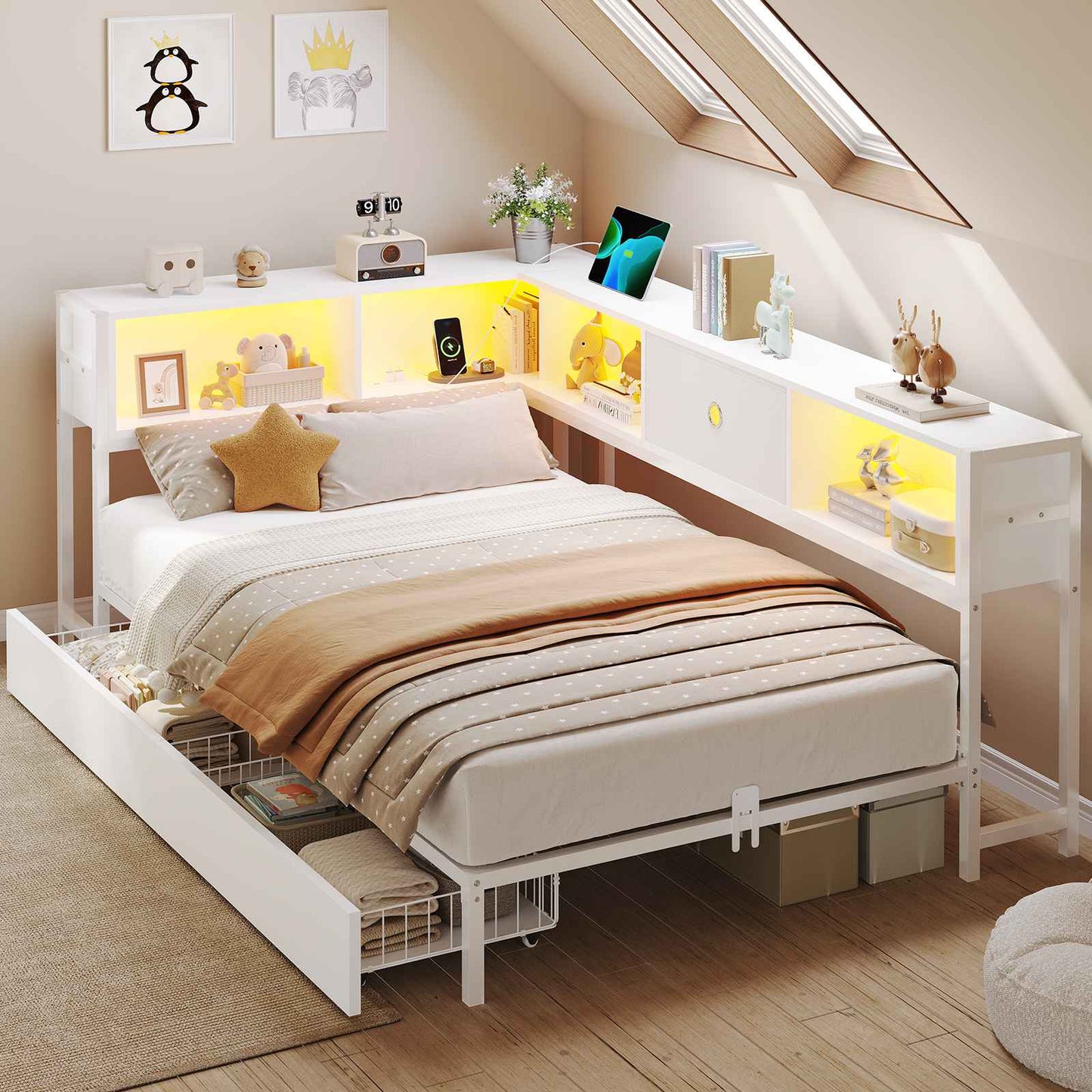 Hasuit | Corner Bed Frame with Storage Drawers and Bookcase Headboard Metal Platform Day Bed with Charging Station and LED Lights White