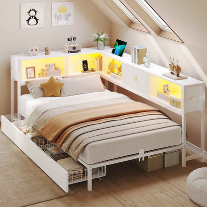 Hasuit | Corner Bed Frame with Storage Drawers and Bookcase Headboard Metal Platform Day Bed with Charging Station and LED Lights White