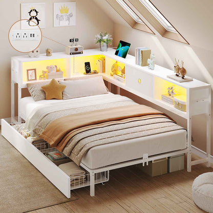 Hasuit | Corner Bed Frame with Storage Drawers and Bookcase Headboard Metal Platform Day Bed with Charging Station and LED Lights White Two Sizes