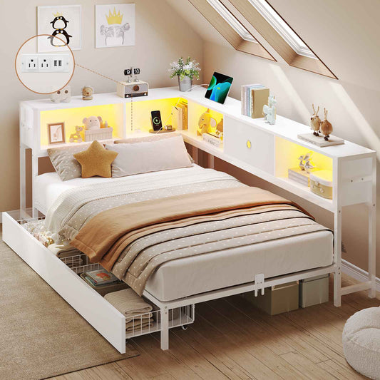Hasuit | Corner Bed Frame with Storage Drawers and Bookcase Headboard Metal Platform Day Bed with Charging Station and LED Lights White Two Sizes