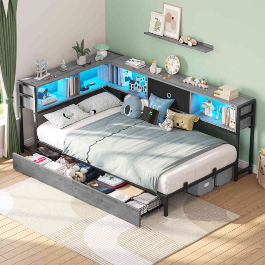 Hasuit | Corner Bed Frame with Storage Drawers and Bookcase Headboard Metal Platform Day Bed with Charging Station and LED Lights Oak Gray Three Sizes